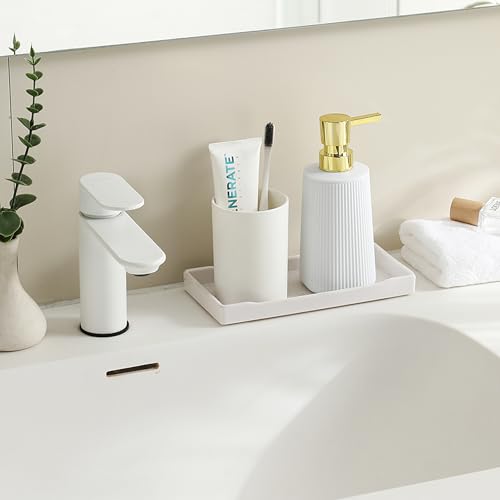 Image of Small Soap Dispenser for Bathroom and Kitchen, Modern Farmhouse Striped Style Plastic Hand Soap Dish Soap Dispenser with Pump Matte White and Gold
