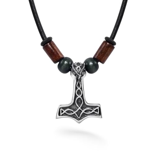 Collier cuir homme marteau viking et perles bois au design totem nordique