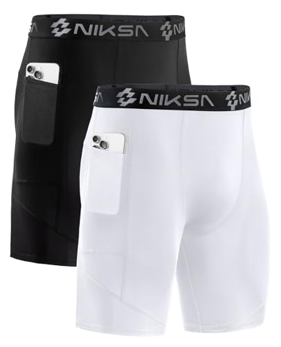 Image of Niksa 1 /2 Pack Mens Compression Shorts with Pocket, Performance Spandex Athletic Sports Workout Running Underwear Shorts