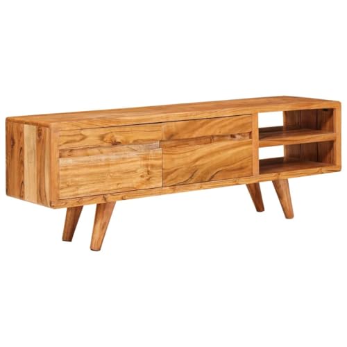 Plumbpyr Mueble de TV de madera maciza de acacia marrón 110 x 30 x 40 cm con estante y puertas para almacenamiento de medios de salón y oficina, ahorra espacio y es duradero