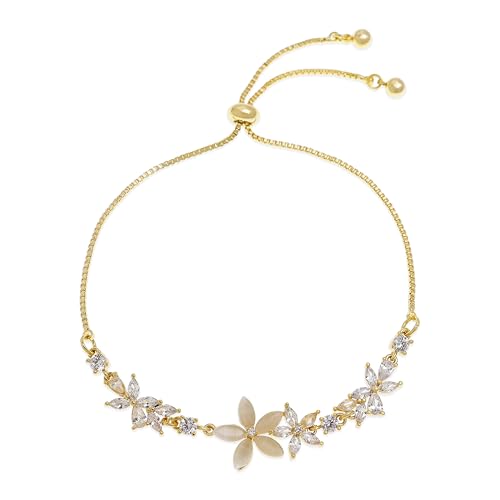 Dainty Gold Flower Bracelets for Women, Trendy Sparkly Adjustable Non Tarnish Box Chain Opal Marquise Rhinestone Slider Bracelet Spring Prom Holiday Jewelry Gift