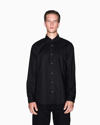 Armani Exchange Men's Long Sleeve Cotton Jacquard Button Down, Black, Large