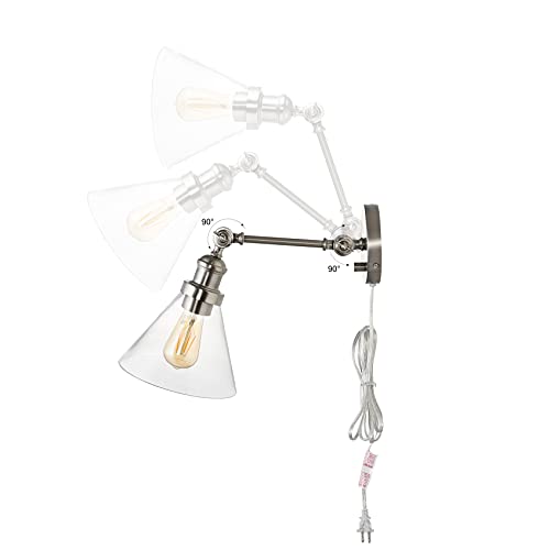Image of JONATHAN Y 8 inch Nickel Adjustable LED Wall Sconce, Plug-in Wall Lamp with Dimmer Switch, Clear Glass Shade for Bedroom Living Room Kitchen, LED Bulb Included (JYL7575B-SET2)