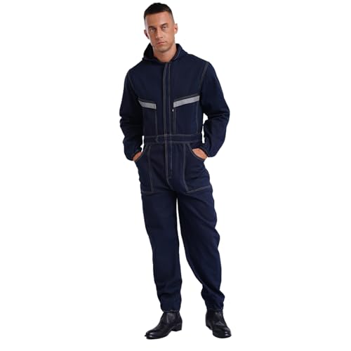 Rswnyirn Mono de trabajo de una pieza para hombre Demin con capucha, traje de pintor de algodón, ropa de trabajo para taller, uniforme de trabajo, azul, 165/M