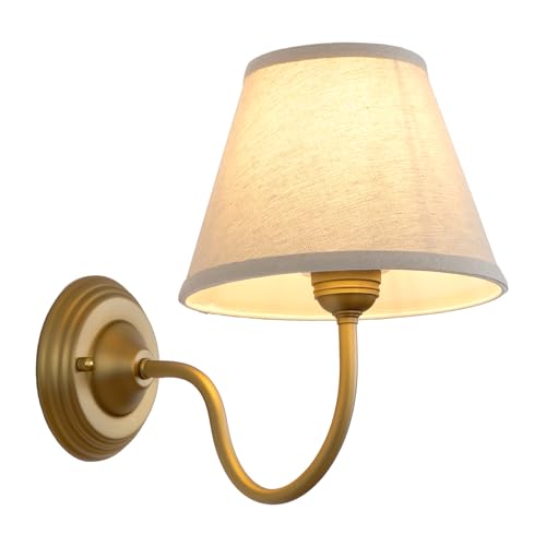 Image of Vintage Curved Arm Fabric Wall Sconce with Linen Cloth Shade, Hardwired Indoor Single Sconce Light Wall Mounted Lamp for Bedroom Living Room Stairs Hallway