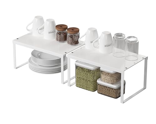 JEPEErbz Kitchen Cupboard Organiser 2-Pack Cabinet Storage Shelf Organizer Rack Metal Expandable Spice Holder Stackable Storage Shelves for Cupboard Shelf Insert Countertop Pantry (White)