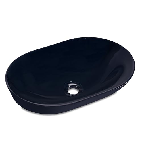 Image of BONKASO Capsule Table Top Wash Basin for Bathroom | Premium Fully Glazed Ceramic Vessel Sink | 55D x 40W x 13H Big Size | Glossy Black Designer Finish