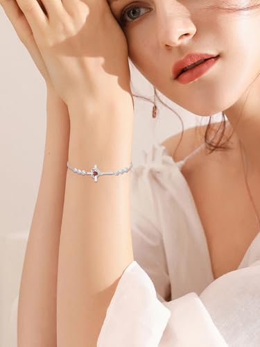 Cross Birthstone Charm Link Bracelet 925 Sterling Silver Cross Bracelet with 12 Months Birthstone Religious Christian Jewelry Gifts for Women Mom Her,Chain Length 7"+2" Extend2