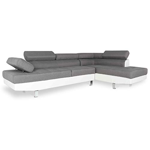 INTENSE DECO Canapé d'angle Droit avec têtières relevables Charly Gris et Blanc