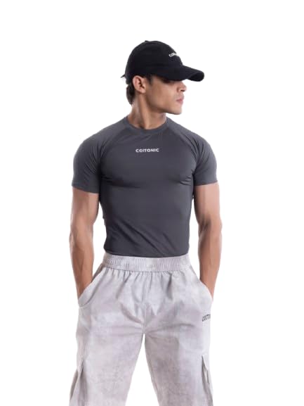 Image of COITONIC Men's Half Sleeve Compression T-Shirt - Athletic Base Layer for Gym, Sports & Fitness Training