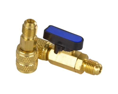 Válvula de cierre rápido azul de 1/4 pulgada SAE, válvula de bola recta confiable para recarga, incluye adaptador para HVAC R134A, R22, R12 y R410A