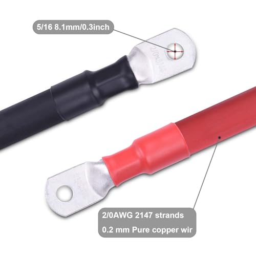 Image of 2 /0 AWG Flexible Battery Cable with 5 /16 inch Terminals - OFC Pure Copper Inverter & Welding Wire for Automotive Solar RV Motorcycle (Red + Black 1FT Pair)