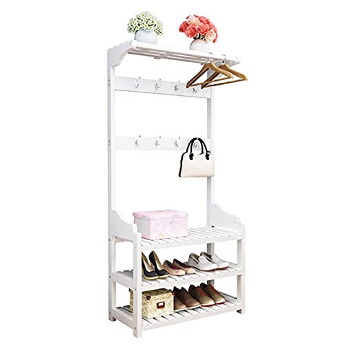 Perchero con estante para almacenamiento en la entrada, soporte de pie para ropa, zapatos, sombreros, con soporte portátil de fácil acceso, color blanco, 60 x 35 x 170 cm.