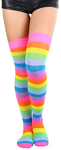 Image of ToBeInStyle Women's Bright Vibrant Rainbow Striped Thigh High Rave Stockings