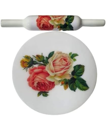 Image of Modern Floral Design Marble Chakla Wooden Belan | Printed 10 Inch Enamel Roti Maker with Belan | Heavy Duty Non-Slip Chakla for Roti, Chapati, Paratha |Kitchen Rolling Board (1 Set) (3.Rose Design)