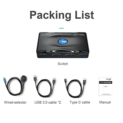 Image of MT-VIKI USB 3.0 Switch 4 Port USB Switch Selector 5Gbps High-Speed Peripheral Sharing Switcher for 2 Computer Share Mouse Keyboard Compatible with Laptop Scanner Printer 2 Pack Cable