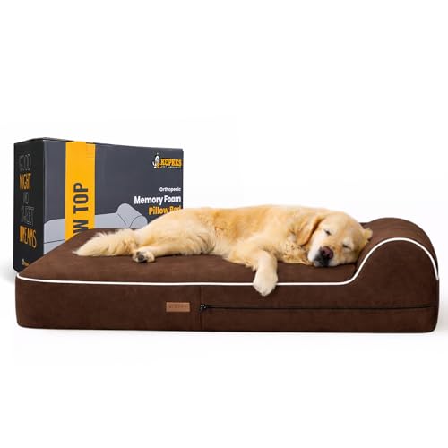 KOPEKS Orthopedic Memory Foam Dog Bed 7' Inch Thick Extra Large Dog Bed With Pillow Brown 50'x34'x10' Includes Waterproof Liner & Durable Removable Cover With Smart Design