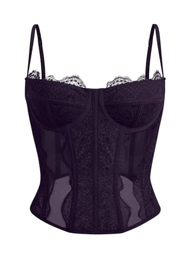 Image of Dealmore Corset Tops for Women Going Out Fall Fashion Crop Sexy Lace Outfit | Y2k Spaghetti Strap Tank, Date Night Mesh Bustier, Party Lingerie, Concert Club Festival Clothes, Trendy Cami