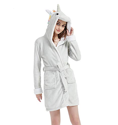 ABENCA Women Unicorn Robe Adult Animal Bath Flanel Fleece Hooded Halloween Christmas Cosplay Robe (Gray Unicorn, M for Height 411-53)