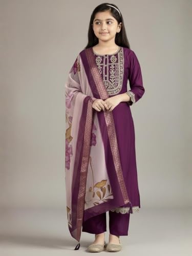 Image of Girls Ethnic Embroidered Silk Kurta Pant and Jacquard Dupatta Set | Kids Salwar Suit | three piece Traditional Outfit