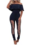 PRETTYGARDEN Women's Summer Off Shoulder Bodycon Jumpsuit Rompers Ruffle Sleeve Hollow Out Sexy Club Outfits (Navy,X-Large)