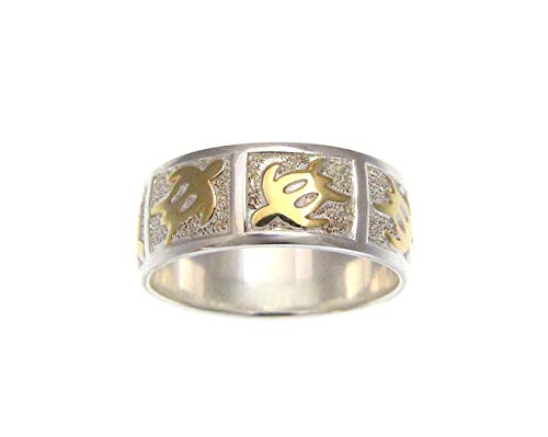 Arthur's Jewelry 925 sterling silver yellow gold plated 2 tone Hawaiian honu turtle 8mm band ring size 3-142