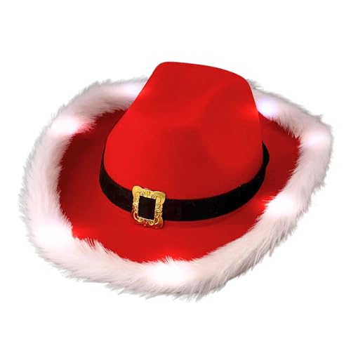 Light Up Santa Cowboy Hat for Adults - Red Christmas Cowboy Hat with White LED Feather Trim - 3 Flashing Modes - 22 Plush