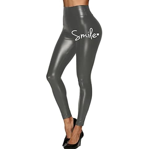 ORANDESIGNE Damen Lederhose Sexy Skinny Leggings Stretch PU Lederlook Schlank Hose Kunstlederhose Treggins Push Up Biker Pants B Grau S Cover