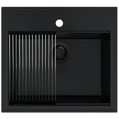 SINK Quality Evier cuisine en granit tout noir 56 x 51 cm - Lavabo 1 bac - Siphon noir et agent d'imprégnation inclus - Evier à poser - Évier cuve simple pour Meubles Bas de 60 cm
