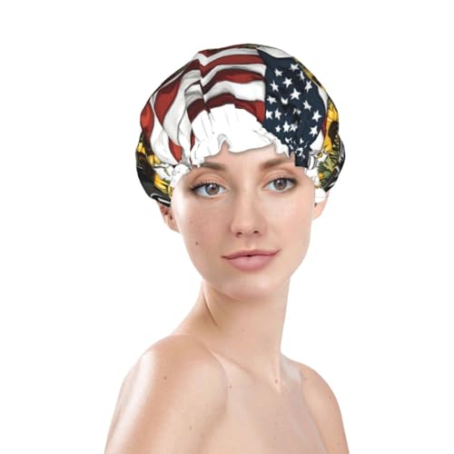 Black Truck With An American Flag Shower Cap For Women Double Layer Lined Reusable Waterproof Bathing Shower Hat For All Hair