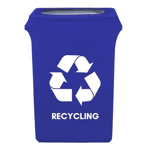YOUR CHAIR COVERS - 23 Gallon Spandex Slim Jim Narrow Trash Can Cover - Royal Blue with Recycling Logo