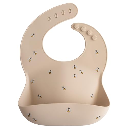 Image of mushie Silicone Baby Bib | Adjustable Fit Waterproof Bibs (Bees)