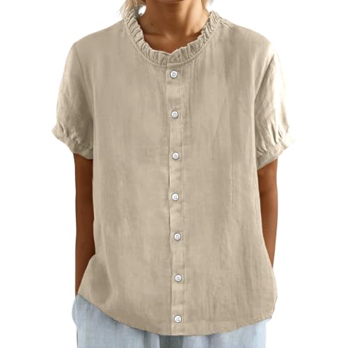 Womens Linen Short Sleeve Ruffled Neck Button Down Shirts Summer Lightweight Cute Dressy Casual Loose Blouse Tops