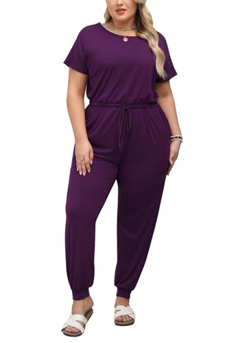 Nemidor Plus Size Casual Jumpsuits for Curvy Women Summer Short Sleeve Drawstring Waist Long Pant Romper with Pocket 16-26(254,22,DarkPurple)