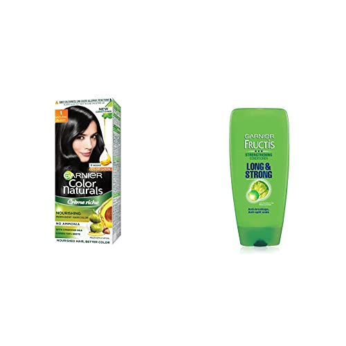 Image of Garnier Color Naturals Creme hair color, Shade 1 Natural Black, 70ml + 60g & Garnier Fructis Long and Strong Strengthening Conditioner, 175ml