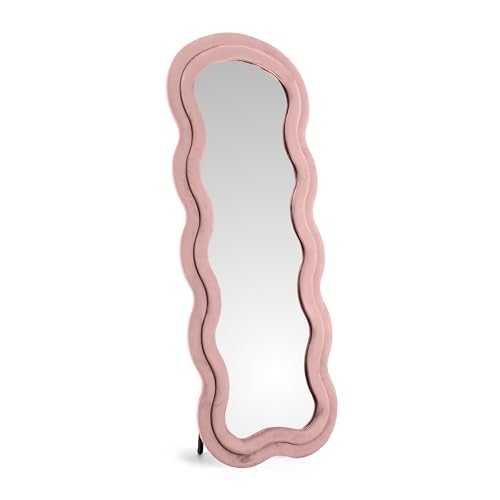 IlGruppone Specchiera da Terra 170x70 cm Design Ondulato Rivestita in Velluto con Supporto in Metallo Specchio Figura Intera Moderno per Camera da Letto Soggiorno Cabina Armadio - Rosa