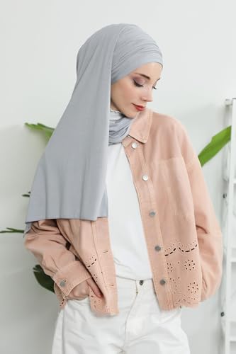 Aisha's Design Instant Hijab Scarves for Women, 95% Cotton Pretied Bonnet Turban & Jersey Shawl Head Wrap Premium Lightweight and Breathable Hijab for Women, Easy to Wear Cotton Headscarf, Light Grey3