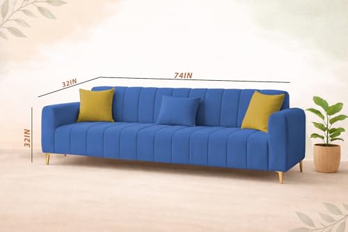 Image of Casaliving Velour Modern Velvet Sofa, Tufted Design Upholstered 3 Seater Sofa Set for Living Room, (Blue Colour) Premium Velvet Fabric Sofa