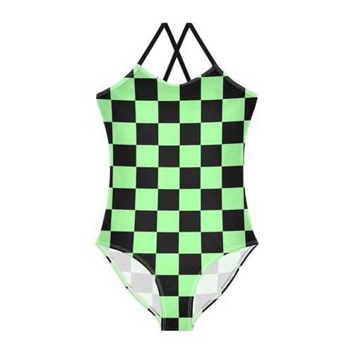 Checkerboard Girls One Piece Swimsuits Black Pale Green Sport Halter Swimwear Beach Bathing Suit 9-10T
