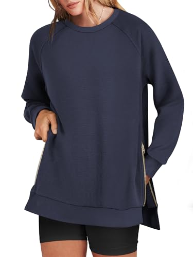 ANRABESS Women's Oversized Sweatshirts Crewneck Long Sleeve Tunic Pullover Shirts Side Zipper Hoodies 2026 Spring Clothes Navy Blue Large