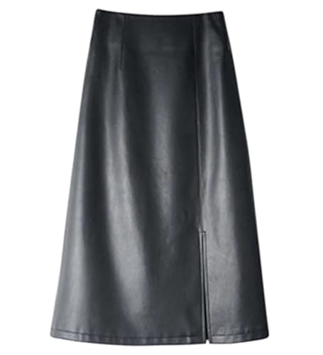 Women High Waist Soft Leather Midi Skirt Autumn Winter Zipper Long Straight Skirt