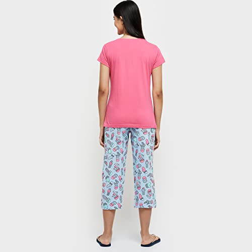 Image of Max Women Nylon Printed Round Neck Capris Set T-Shirt with Capris