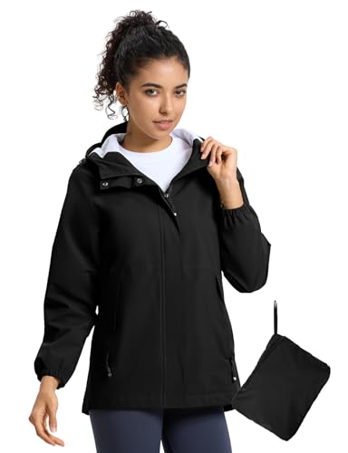 Women's Lightweight Waterproof Hiking Jacket,ladies Rain Jackets,Windbreaker Packable Hood Quick Dry Raincoat with Waist Cinch Elastic for Outdoor Cycling Traveling Balck M