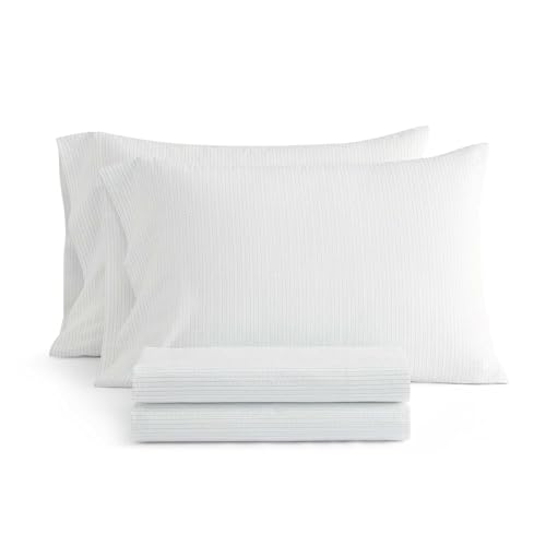 Image of Martha Stewart - Full Size Sheet Set, Crisp & Tailored Bedding with a Smooth Cotton Percale Feel, Deep Pocket, Bed Sheets with Matching Pillowcases & Fitted Sheet (Dotted Stripe Green)