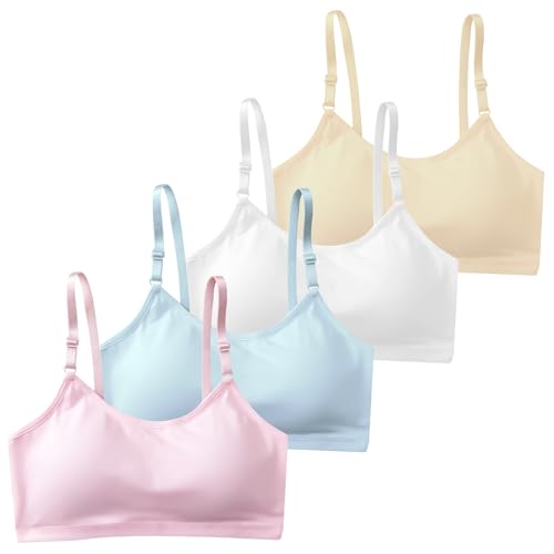 Girls Padded Training Bras,4 Pack Girls' Adjustable Cotton Bras Wireless Light Padded 10-16 Years