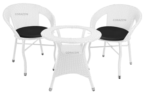 Image of Rattan Wicker Garden Patio Seating Chair and Table Set for Outdoor Balcony Garden Coffee Table Set Furniture with 1 Table and 2 Chair with Black Cushion (White)