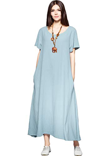 Anysize Side Pockets Linen Cotton Soft Loose Dress Spring Summer Plus Size Clothing F131A Light Blue