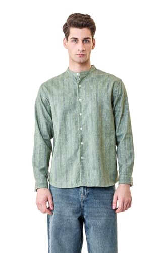 Image of SNITCH Men Casual Shirt | Regular Fit Full Sleeve Mandarin Collar Striped Design | Polyester Cotton Linen Blend & Breathable Fabric for Smart Casual