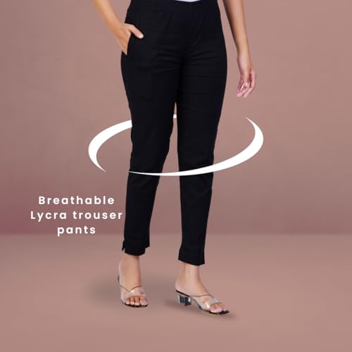 Image of Happy Bunny Cotton Blend Lycra Kurti Pants for Women, Soft 30% Stretch Full Length Trousers with Elastic Waist & Zip Pocket, Ideal for Office, Work, Casual, Home Wear Breathable Slim Fit
