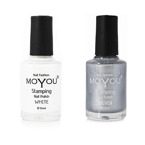 Moyou Lot de 2 vernis à ongles Stamping : White and Mystic Stone Silver pour créer des designs de nail art
